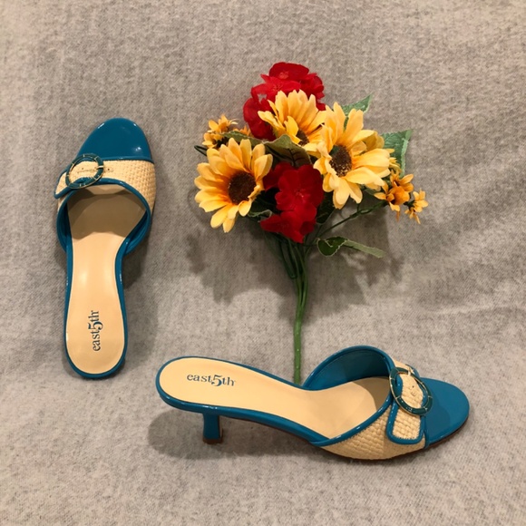 NWT - East Fifth Turquoise Patent & Cream Slip-on Sandals with Kitten Heels - Picture 7 of 16